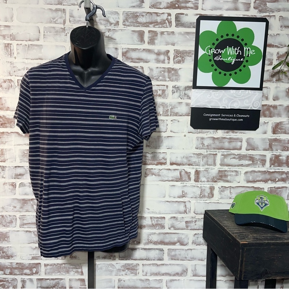 Lacoste Men's Navy Striped V-Neck Shirt medium